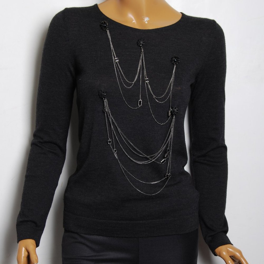 CHANEL Women Sweater Dark Gray Wool Chain Embroidery Slim Casual Pullover FR 36